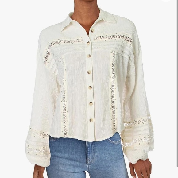 Free People Summer Stars White Cream Button Down Long Billowy Sleeve Size Medium - Picture 1 of 11